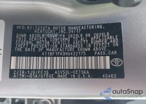 2017 Toyota Camry Se from USA, damaged, VIN 4T1BF1FK9HU422175